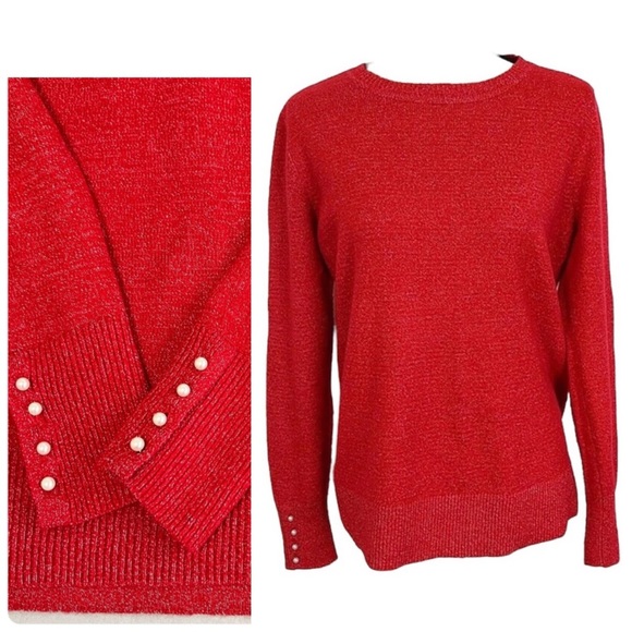 Loft Red Sweater Pearl sleeve Wool Blend Round Neck Long Sleeve size M - Picture 10 of 15